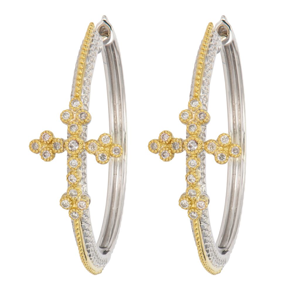 Mixed Metal Woven Rope Hoop Earrings With a Center Cross Design