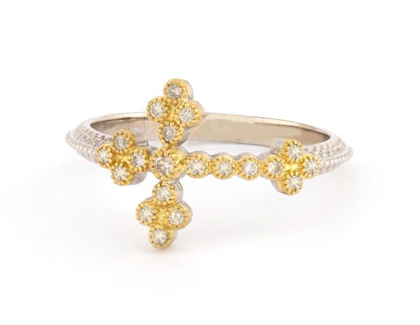 Mixed Metal Woven Rope Cross Ring with White Diamonds
