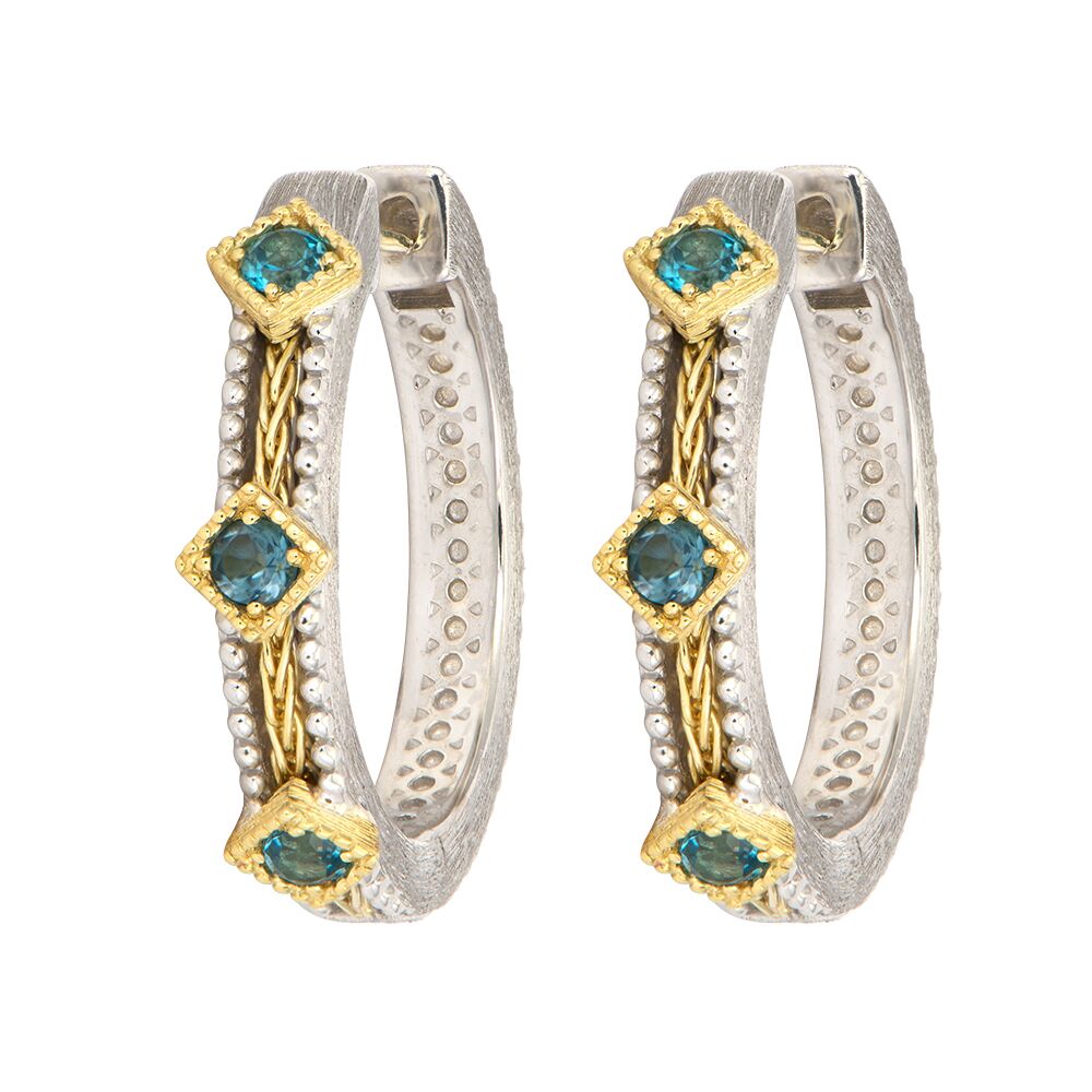 Mixed Metal Woven Rope with Three Kite Stones Hoop Earrings