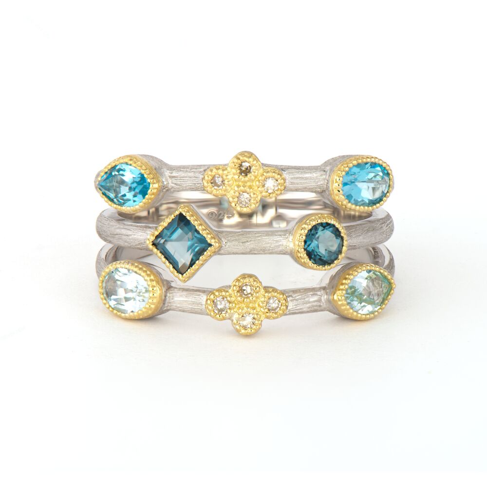 Mixed Metal Three Row Ring with Alternating White Diamonds and Blue Topaz